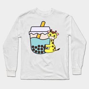 Baby Kawaii Giraffe Hugs Sweet Bubble Tea Blue Boba Tea Long Sleeve T-Shirt